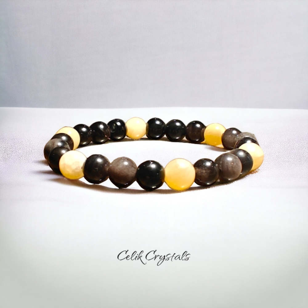 Silver Obsidian & Honey Calcite Bracelet Natural Stones 8mm Unisex